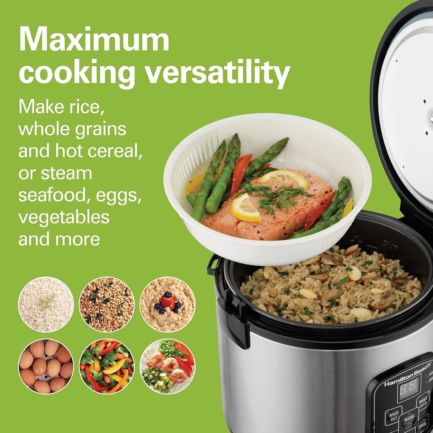 Hamilton Beach Digital Programmable Rice Cooker  Food Steamer, with Slow Hard-Boiled Egg Functions, Egg/Steam Tray, Small  Compact, 6 Cups Cooked (3 Uncooked), Stainless Steel (37524)