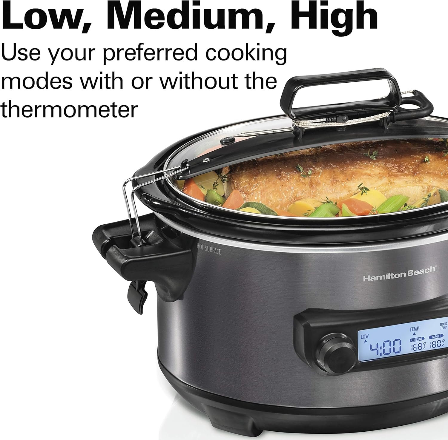 Hamilton Beach Portable 6 Quart Set  Forget Digital Programmable Slow Cooker with Lid Lock, Temperature Probe, Dishwasher Safe Crock  Lid, Stainless Steel (33969A)