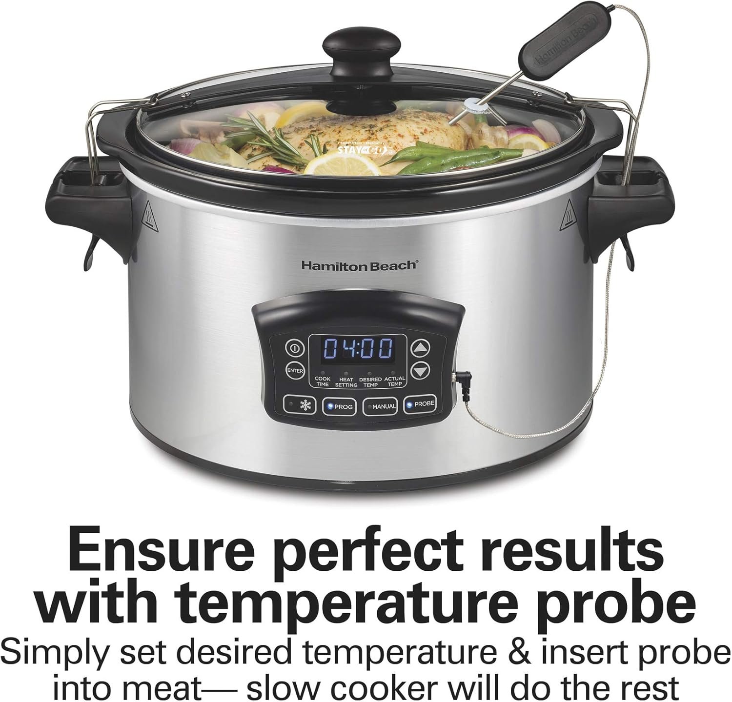 Hamilton Beach Portable 6 Quart Set  Forget Digital Programmable Slow Cooker with Lid Lock, Temperature Probe, Dishwasher Safe Crock  Lid, Stainless Steel (33969A)