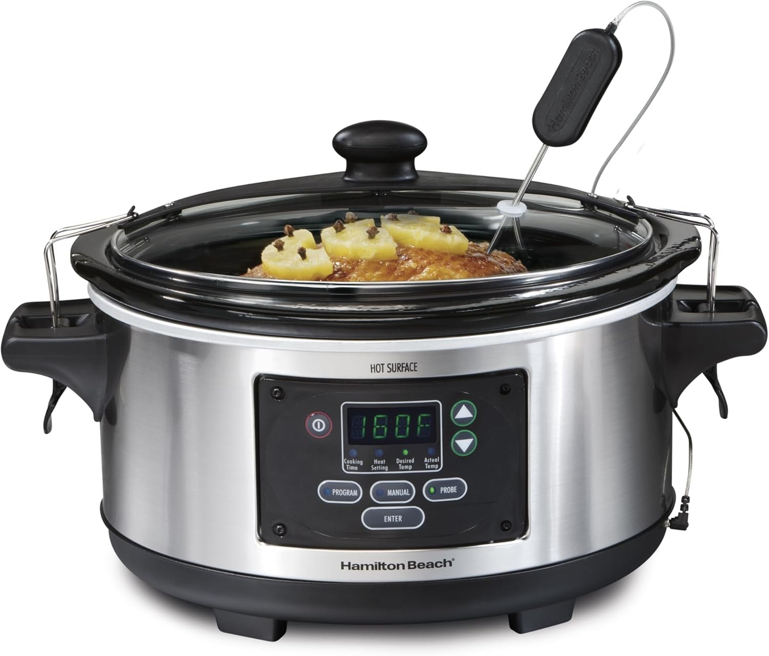 Hamilton Beach Portable 6 Quart Set  Forget Digital Programmable Slow Cooker with Lid Lock, Temperature Probe, Dishwasher Safe Crock  Lid, Stainless Steel (33969A)