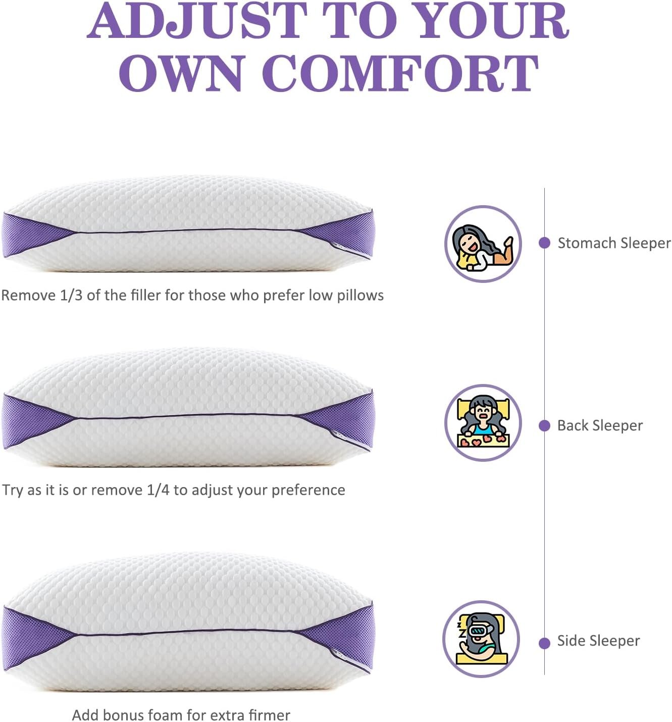 HOMELAB Adjustable Shredded Memory Foam Pillows Queen Size, Cooling Bed Pillows for Sleeping with Removable Cover, Medium Pillows for Side Stomach  Back Sleepers, 2 Packs 20x28