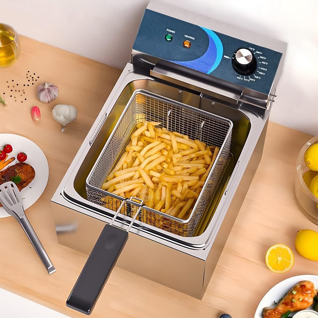 HOOCOO Commercial Electric Deep Fryer, Dual Tank Stainless Steel Deep Fryer with 2 Basket  Lid Capacity 2 x 10L Countertop Fryers for Home Kitchen and Restaurant 3600W 120V (10L 120V 1800W)