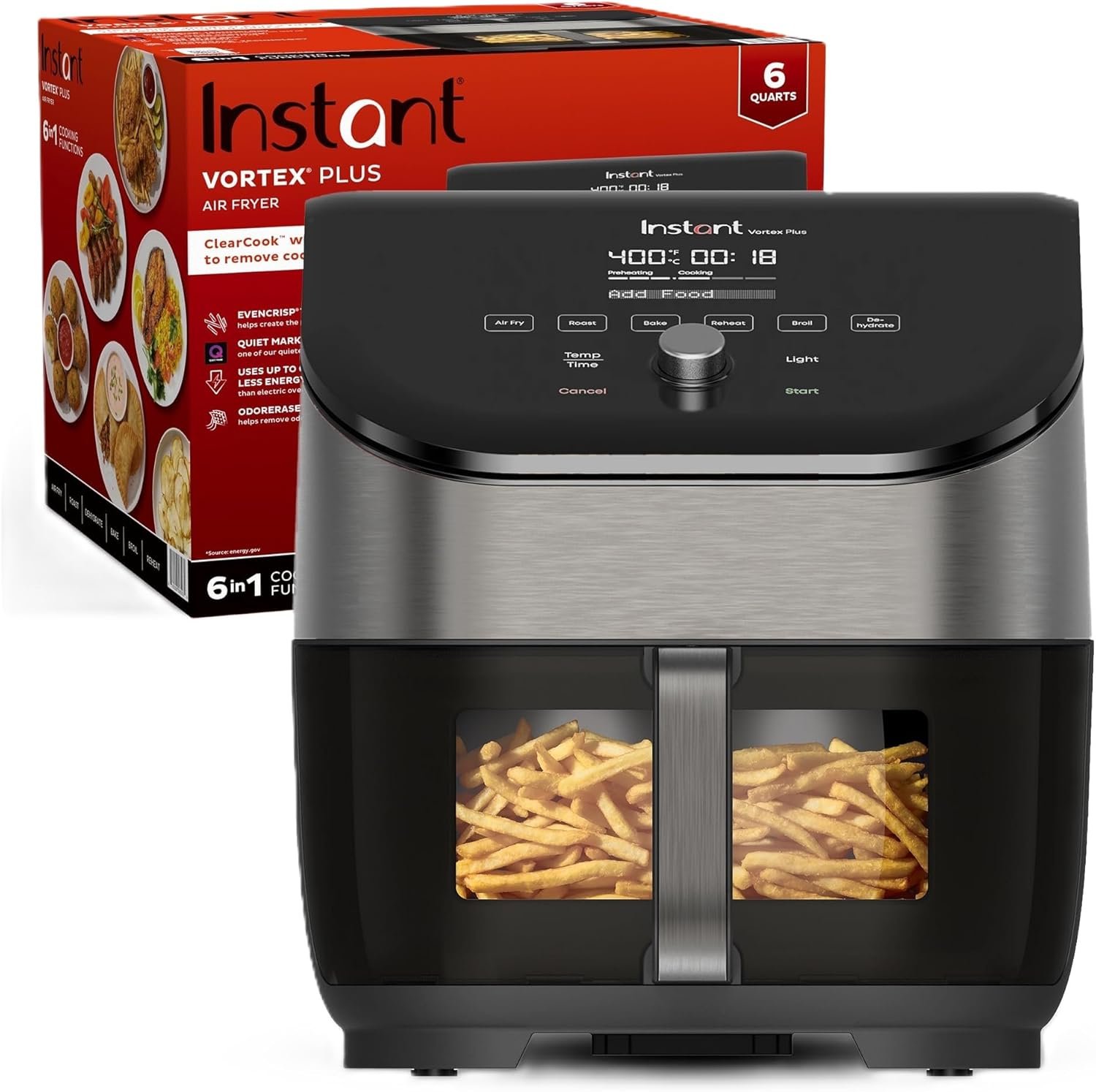 Instant Vortex Plus 6QT Air Fryer with Odor Erase Technology, 6-in-1 Functions that Crisps, Roasts, Broils, Dehydrates, Bakes  Reheats, 100+In-App Recipes, from the Makers of Instant Pot,1700W,Black