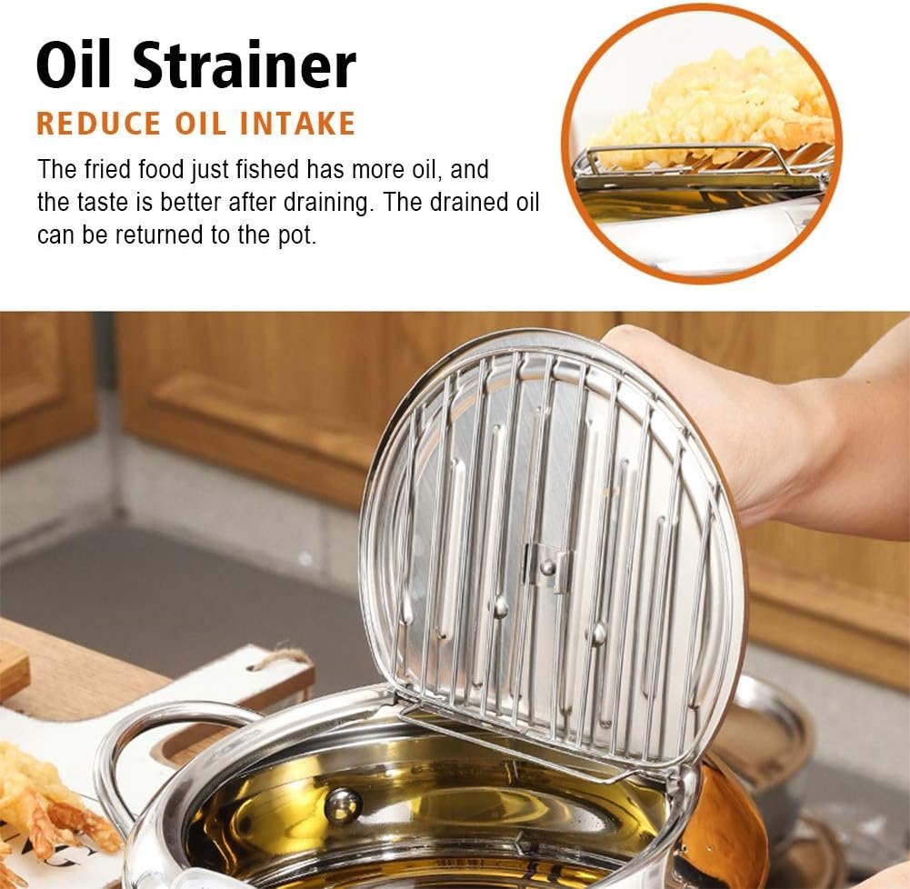 Janpanese Style Tempura Frying Pot with Lid,Stainless Steel Deep Fryer Pot with Temperature Control and Oil Drip Drainer Rack,Tempura Deep Fryer for Kitchen French Fries,Chicken etc
