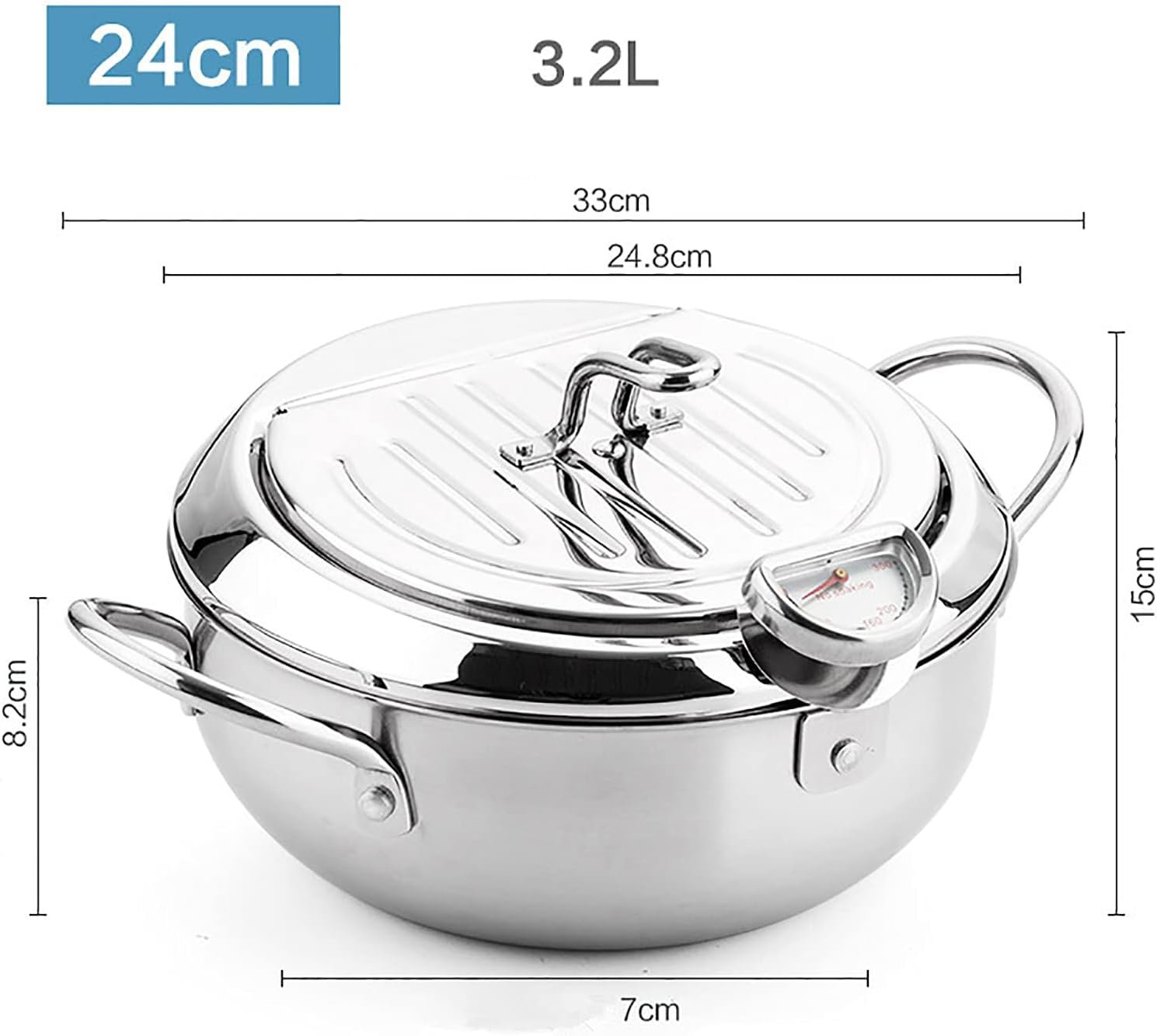 KIDYBELL Deep Fryer Pan 304 Stainless Steel Tempura Frying Pot Japanese Style Fryer With Thermometer，Lid and Oil Drip Rack(24cm/9.4inch)