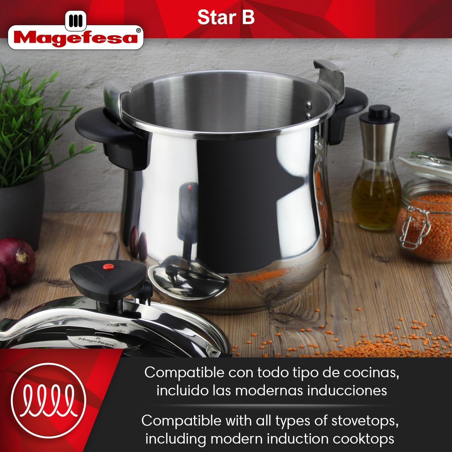 MAGEFESA Star Belly Pressure Cooker, 8.4 Quart, with rounded bottom, made in 18/10 stainless steel, suitable for all types of stovetops, included indution, 3 heavy security systems, 8 psi MAGEFESA Star Belly Pressure Cooker, 8.4 Quart, with rounded bottom, made in 18/10 stainless steel, suitable for all types of stovetops, included indution, 3 heavy security systems, 8 psi