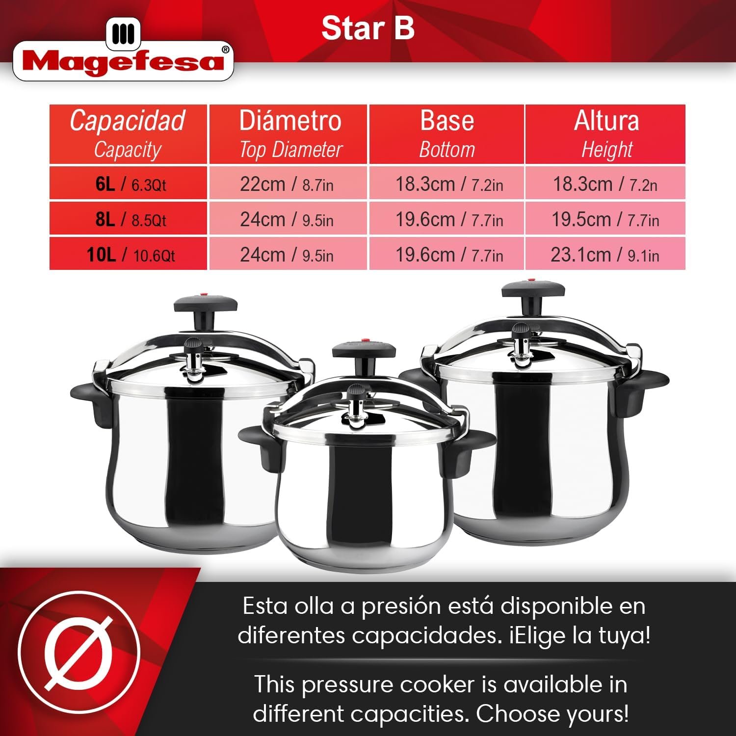 MAGEFESA Star Belly Pressure Cooker, 8.4 Quart, with rounded bottom, made in 18/10 stainless steel, suitable for all types of stovetops, included indution, 3 heavy security systems, 8 psi MAGEFESA Star Belly Pressure Cooker, 8.4 Quart, with rounded bottom, made in 18/10 stainless steel, suitable for all types of stovetops, included indution, 3 heavy security systems, 8 psi