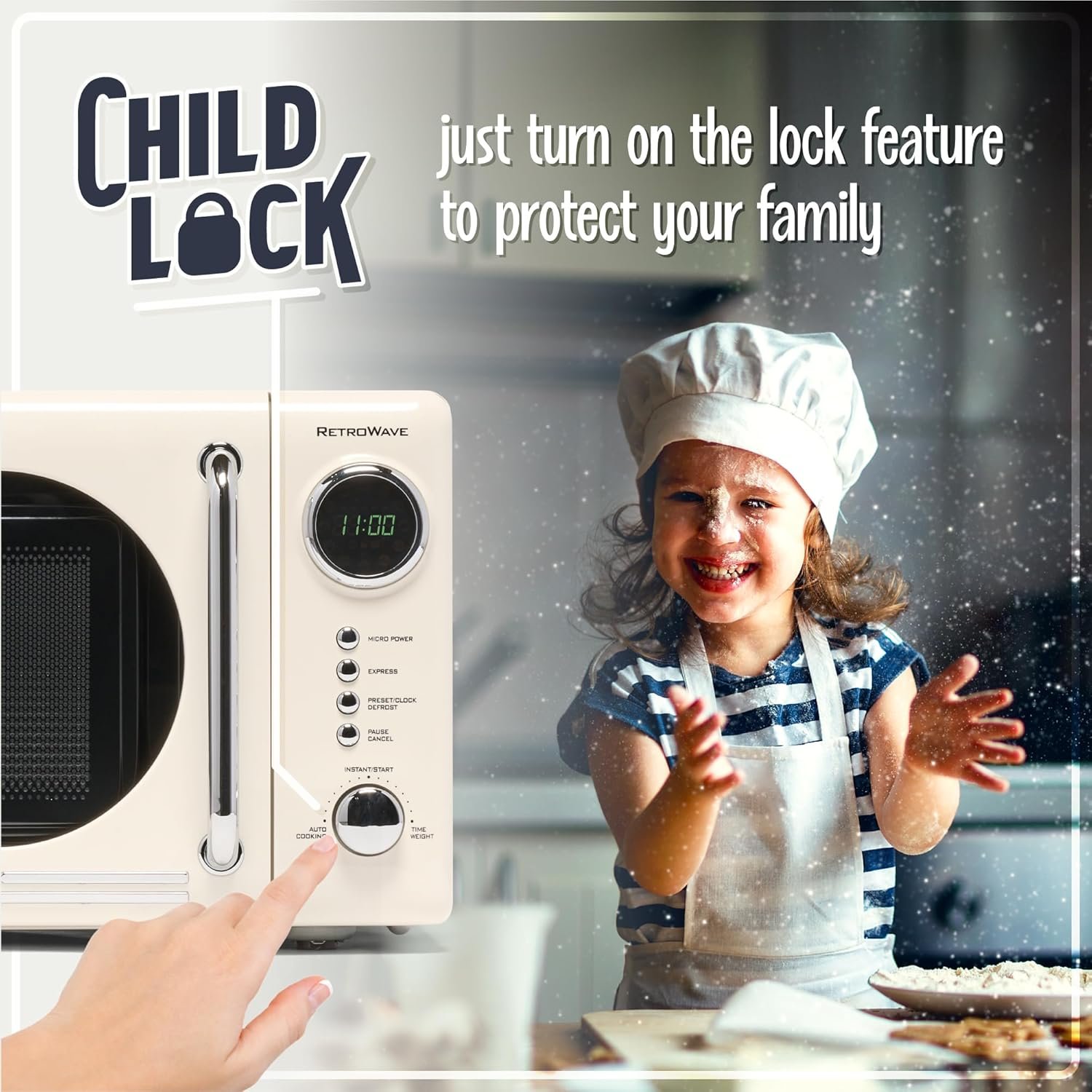 Nostalgia Retro Compact Countertop Microwave Oven - 0.7 Cu. Ft. - 700-Watts with LED Digital Display - Child Lock - Easy Clean Interior - White