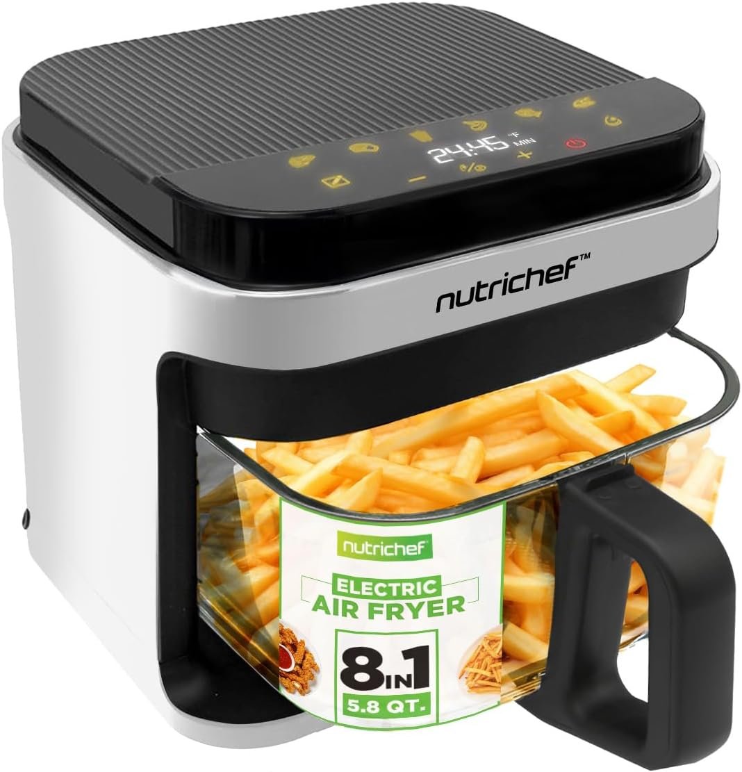 Nutrichef 5.8 Quart Air Fryer 8-1 Preset Cook Modes Transparent Fry Bowl for Best Cooking Results Cook Shrimp, Steak, Fries, Wings, Chicken  More Precise Temperature Control  Time Black