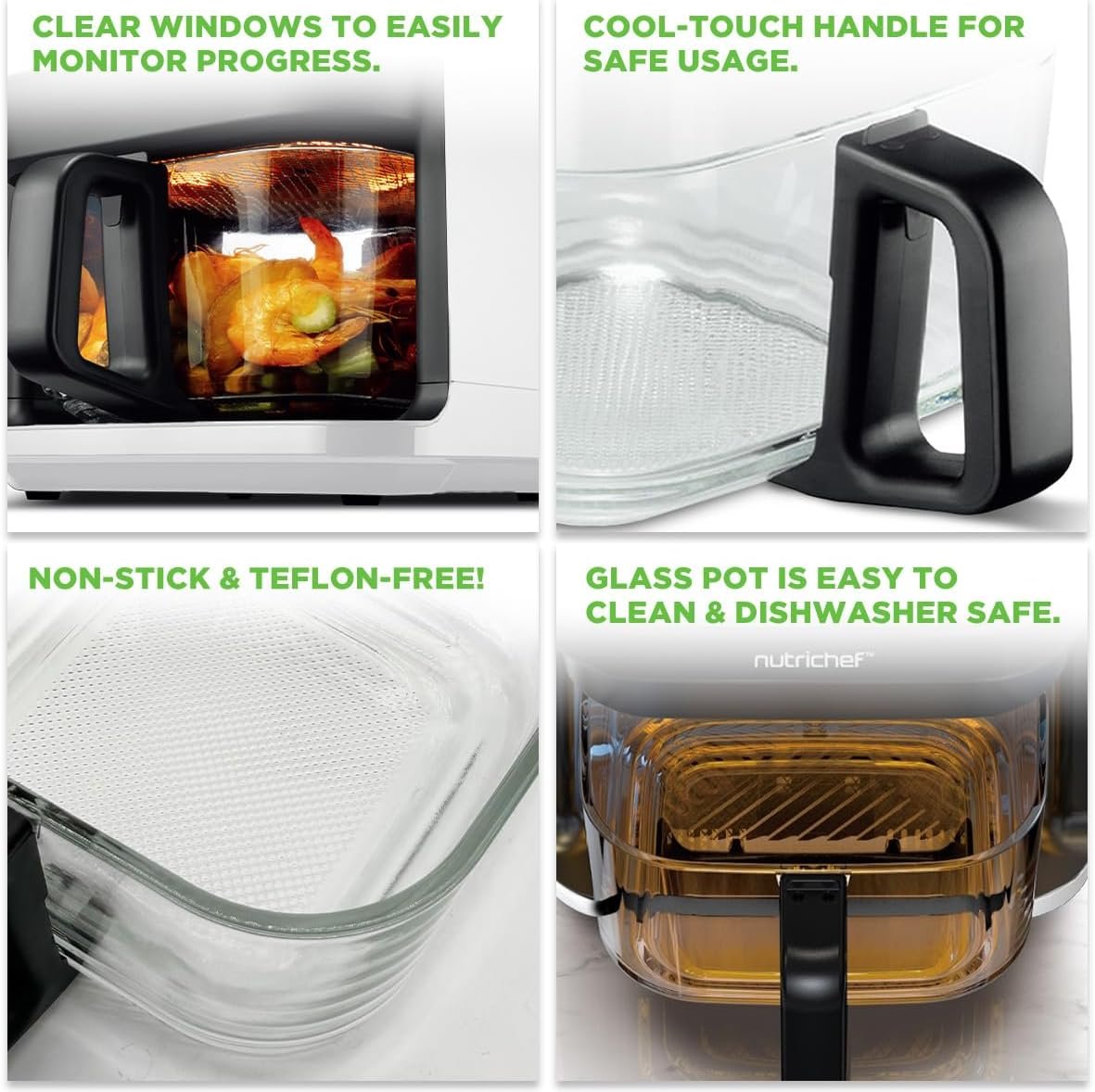 Nutrichef 5.8 Quart Air Fryer 8-1 Preset Cook Modes Transparent Fry Bowl for Best Cooking Results Cook Shrimp, Steak, Fries, Wings, Chicken  More Precise Temperature Control  Time Black