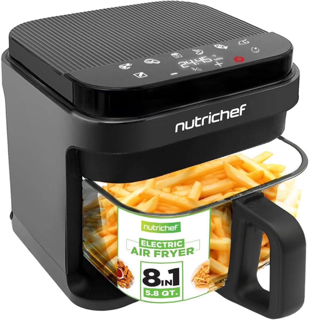 Nutrichef 5.8 Quart Air Fryer 8-1 Preset Cook Modes Transparent Fry Bowl for Best Cooking Results Cook Shrimp, Steak, Fries, Wings, Chicken  More Precise Temperature Control  Time Black