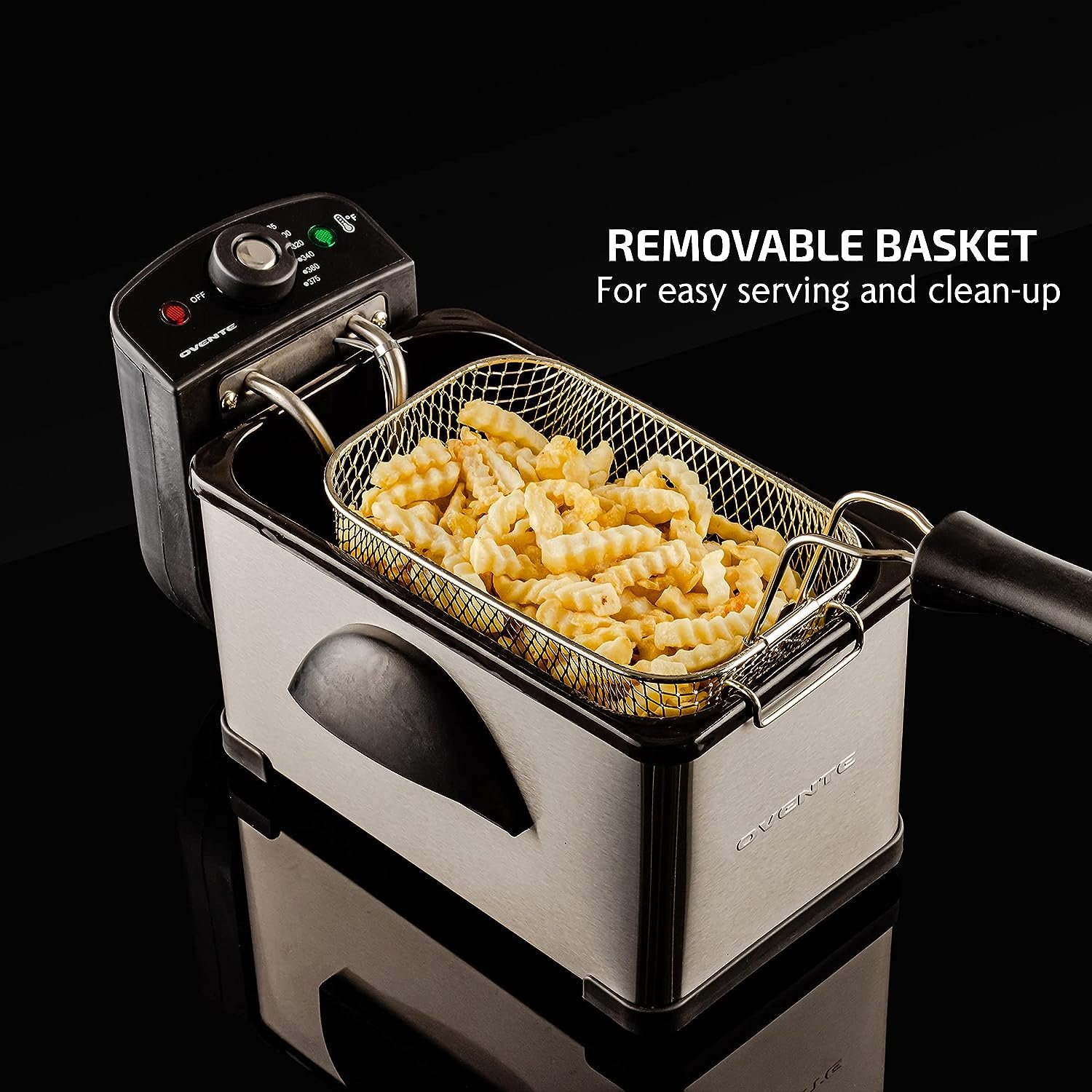 OVENTE Electric Deep Fryer 2 Liter Capacity, 1500 Watt Lid with Viewing Window and Odor Filter, Adjustable Temperature, Removable Frying Basket and Easy to Clean Stainless Steel Body, Silver FDM2201BR