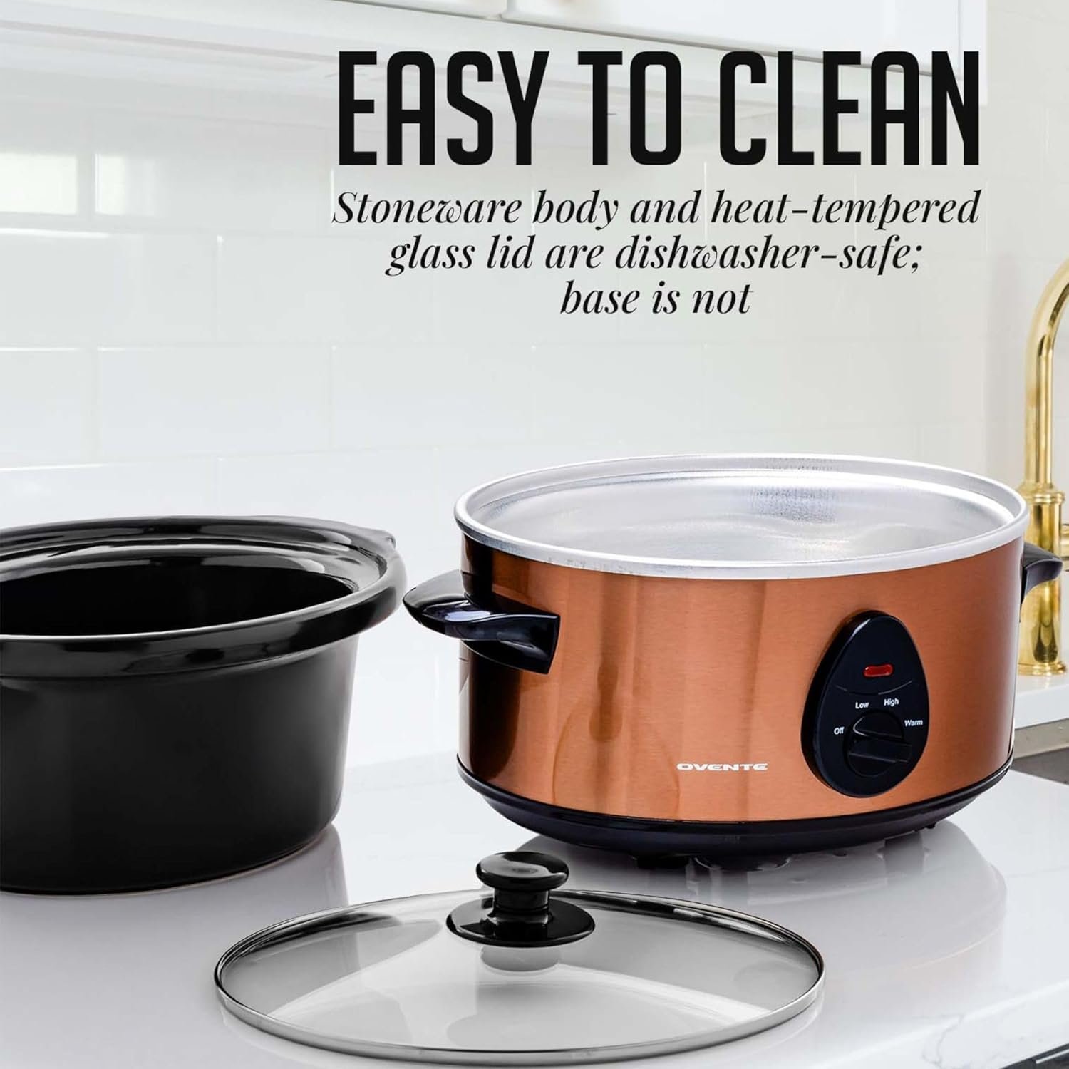OVENTE Electric Slow Cooker with 3 Cooking Settings, Non-Stick and Dishwasher Safe Stoneware, Stainless Steel Body, Glass Lid, 3.7 Qt Oval Pot for Entrees, Soups, Sauces, Stews  Dips, Silver SLO35ABR