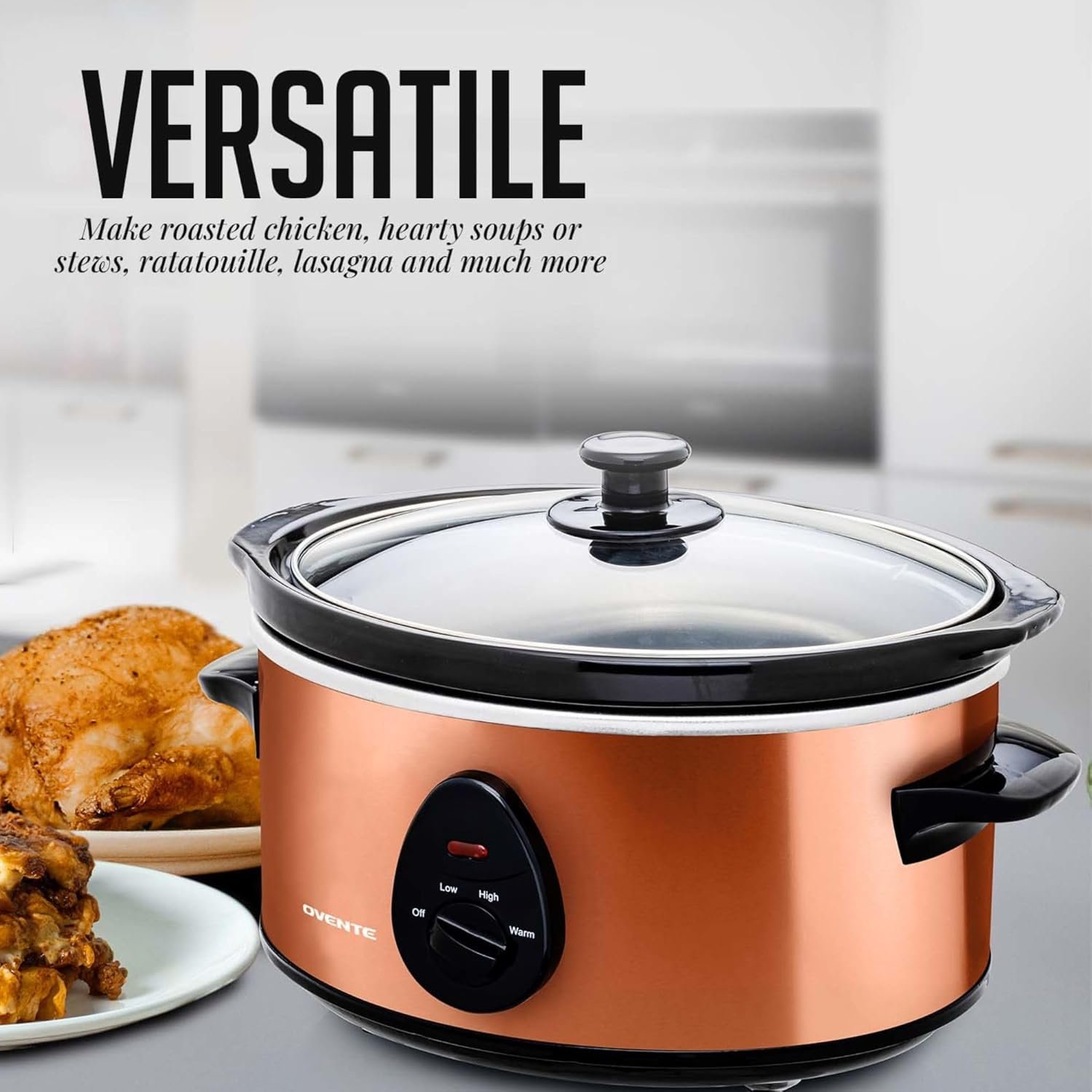 OVENTE Electric Slow Cooker with 3 Cooking Settings, Non-Stick and Dishwasher Safe Stoneware, Stainless Steel Body, Glass Lid, 3.7 Qt Oval Pot for Entrees, Soups, Sauces, Stews  Dips, Silver SLO35ABR