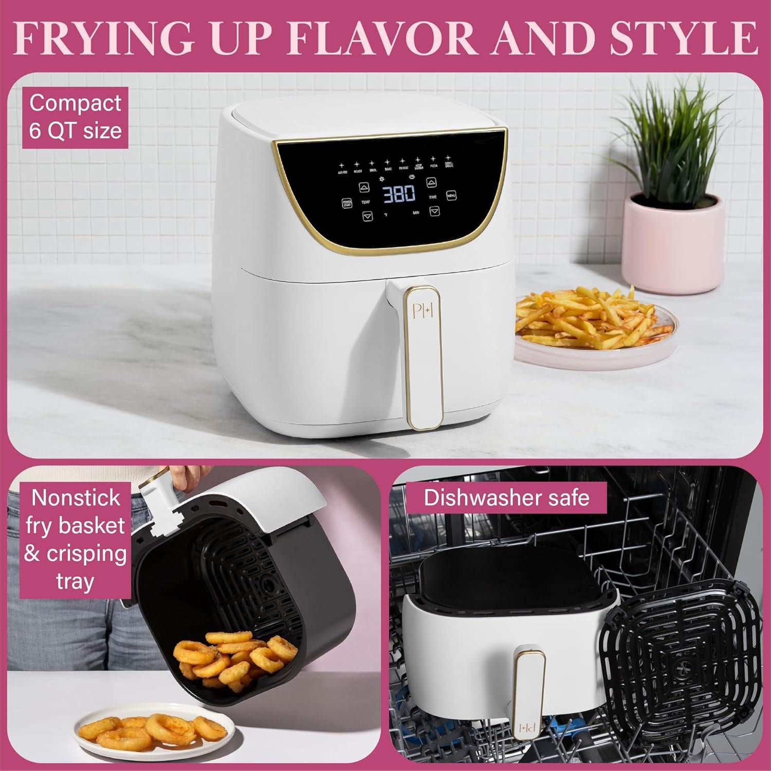 Paris Hilton Air Fryer, Large 6-Quart Capacity, Nonstick Made without PFAS, Touchscreen Display, 8-in-1 (Air Fry, Roast, Broil, Bake, Reheat, Keep Warm, Pizza, Dehydrate), Dishwasher Safe, Pink
