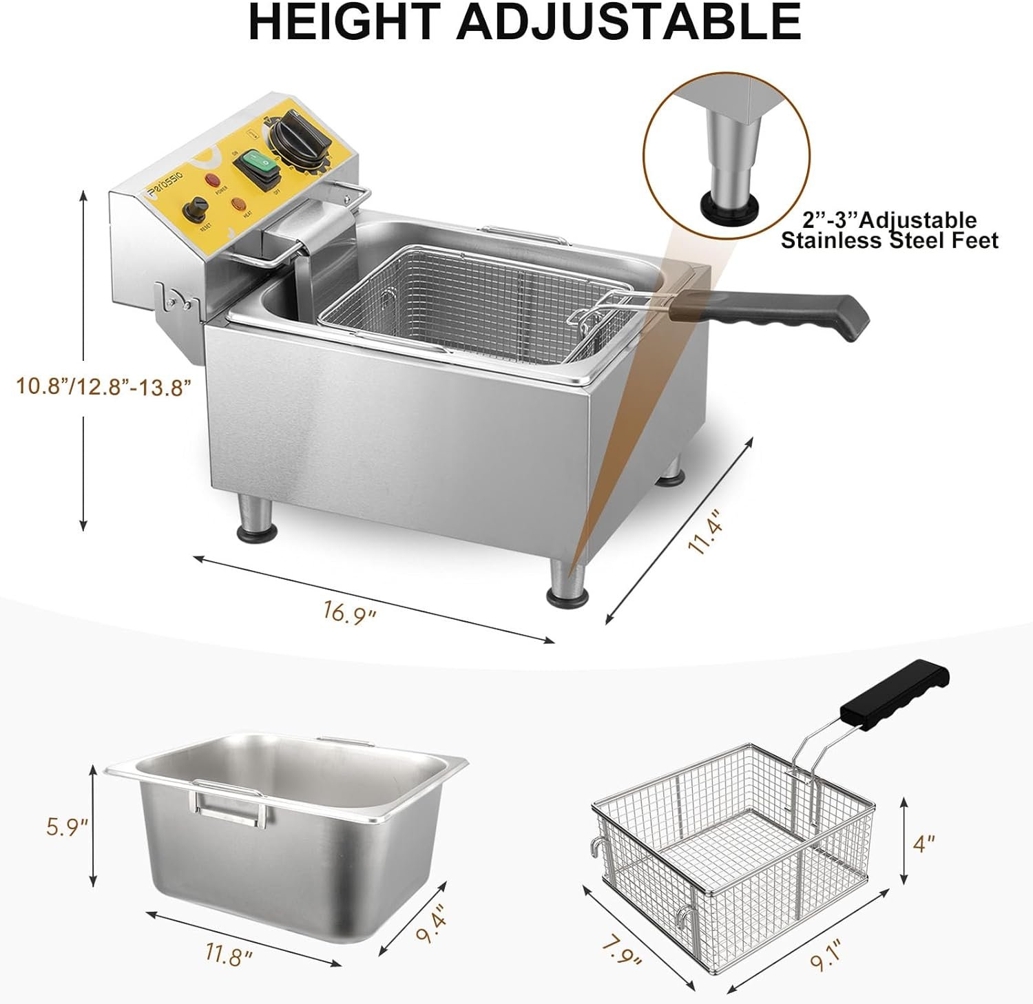 Perossia 20L Electric Deep Fryer Stainless Steel with Basket and Lid Large Capacity Home Commercial Countertop Oil Frying Pot for Kitchen Restaurant, 3500 Watts, 120V