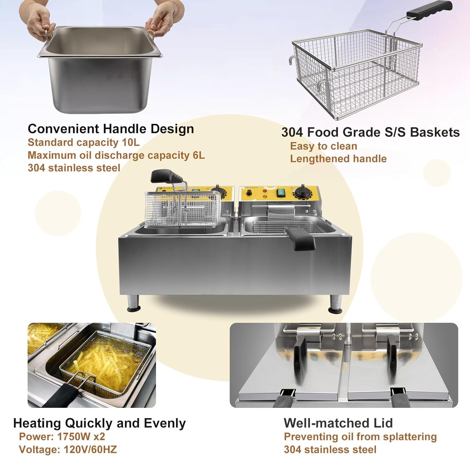 Perossia 20L Electric Deep Fryer Stainless Steel with Basket and Lid Large Capacity Home Commercial Countertop Oil Frying Pot for Kitchen Restaurant, 3500 Watts, 120V
