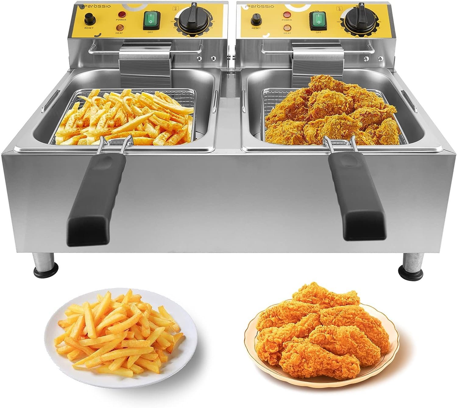 Perossia 20L Electric Deep Fryer Stainless Steel with Basket and Lid Large Capacity Home Commercial Countertop Oil Frying Pot for Kitchen Restaurant, 3500 Watts, 120V