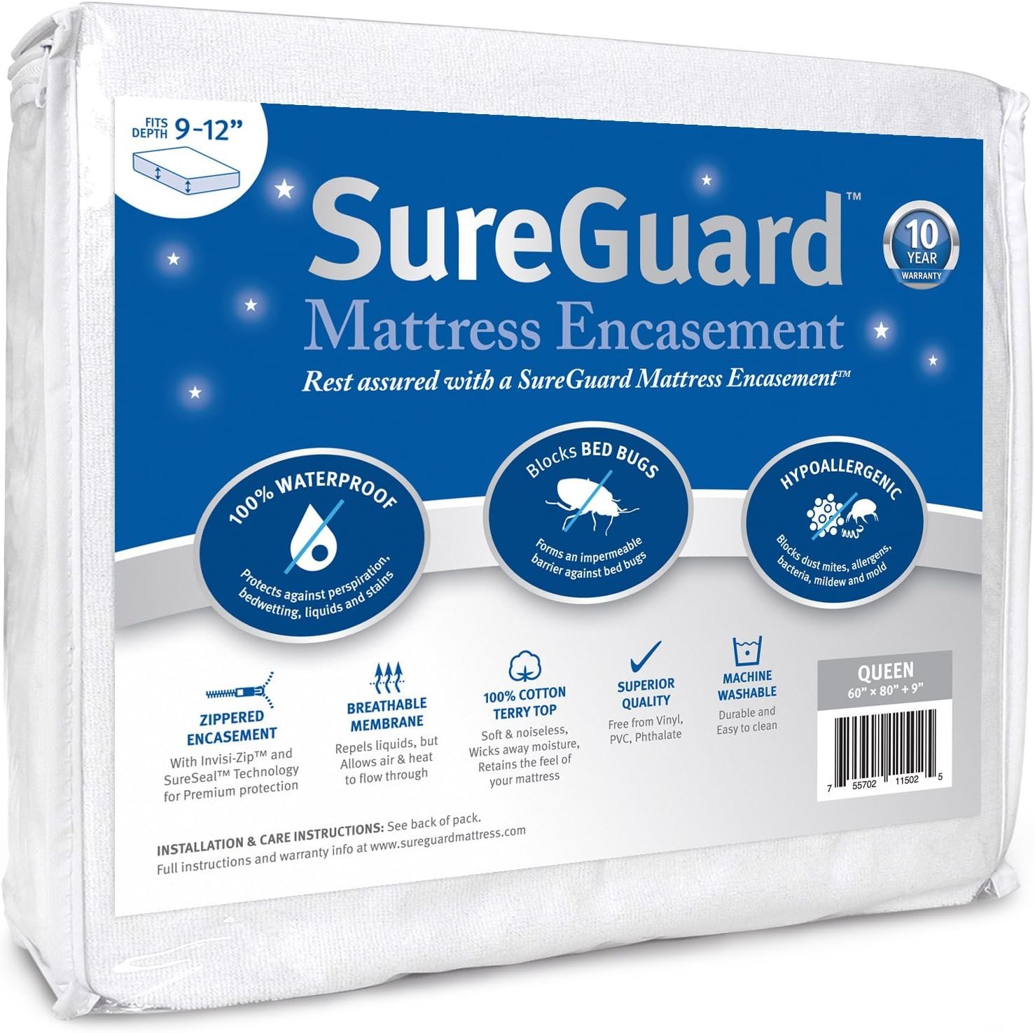 Queen (9-12 in. Deep) SureGuard Mattress Encasement - 100% Waterproof, Bed Bug Proof, Hypoallergenic - Premium Zippered Six-Sided Cover