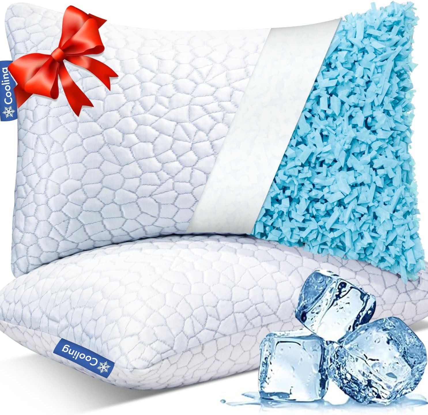 QUTOOL Cooling Bed Pillows for Sleeping Shredded Memory Foam Pillows Adjustable Gel Pillows for Side Stomach Back Sleepers Washable Removable Cover Standard Size Pack of 1