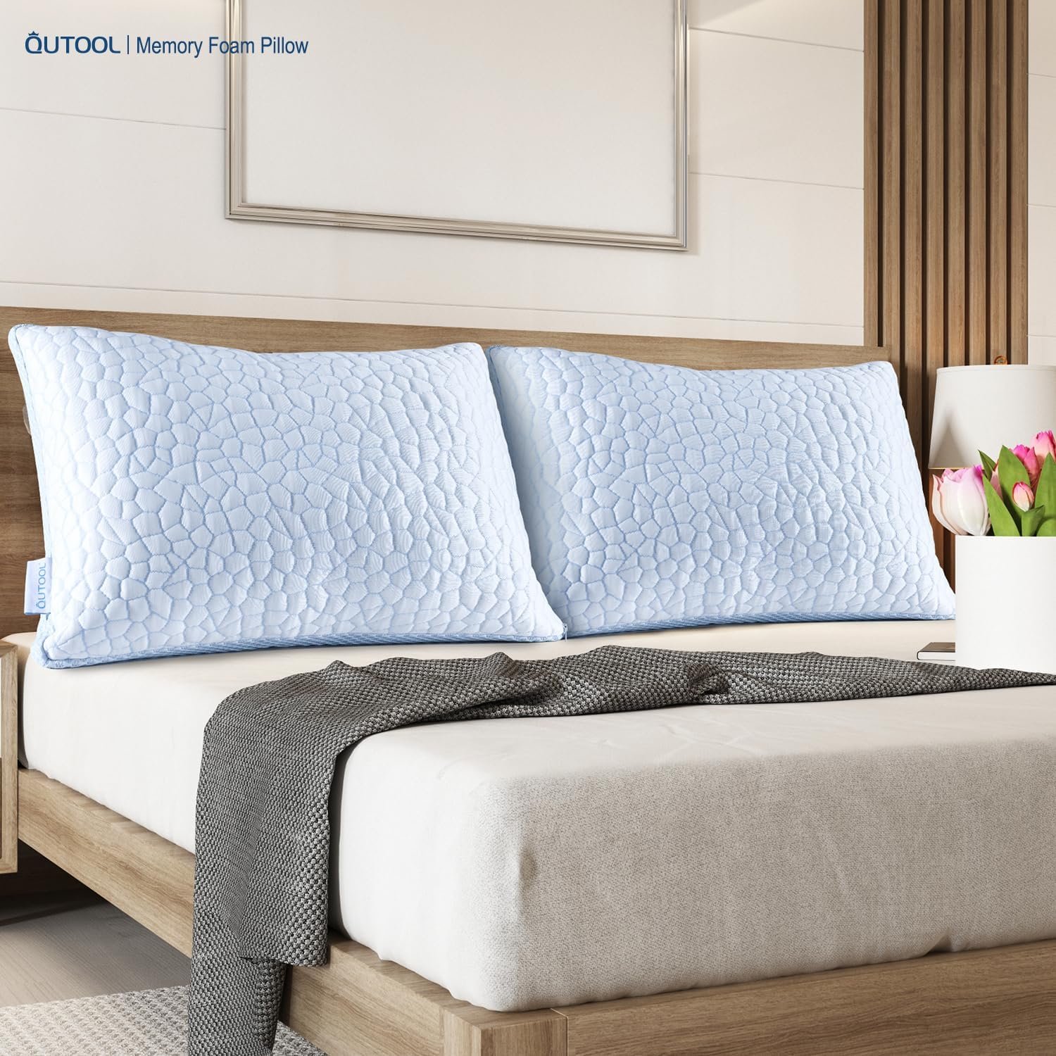 QUTOOL Cooling Pillows for Sleeping 2 Pack, Shredded Memory Foam Bed Pillows Queen Size Set of 2, Gel Pillows for Hot Sleepers Cool Pillow for Side Back and Stomach Sleepers, Cold Pillows, Supportive