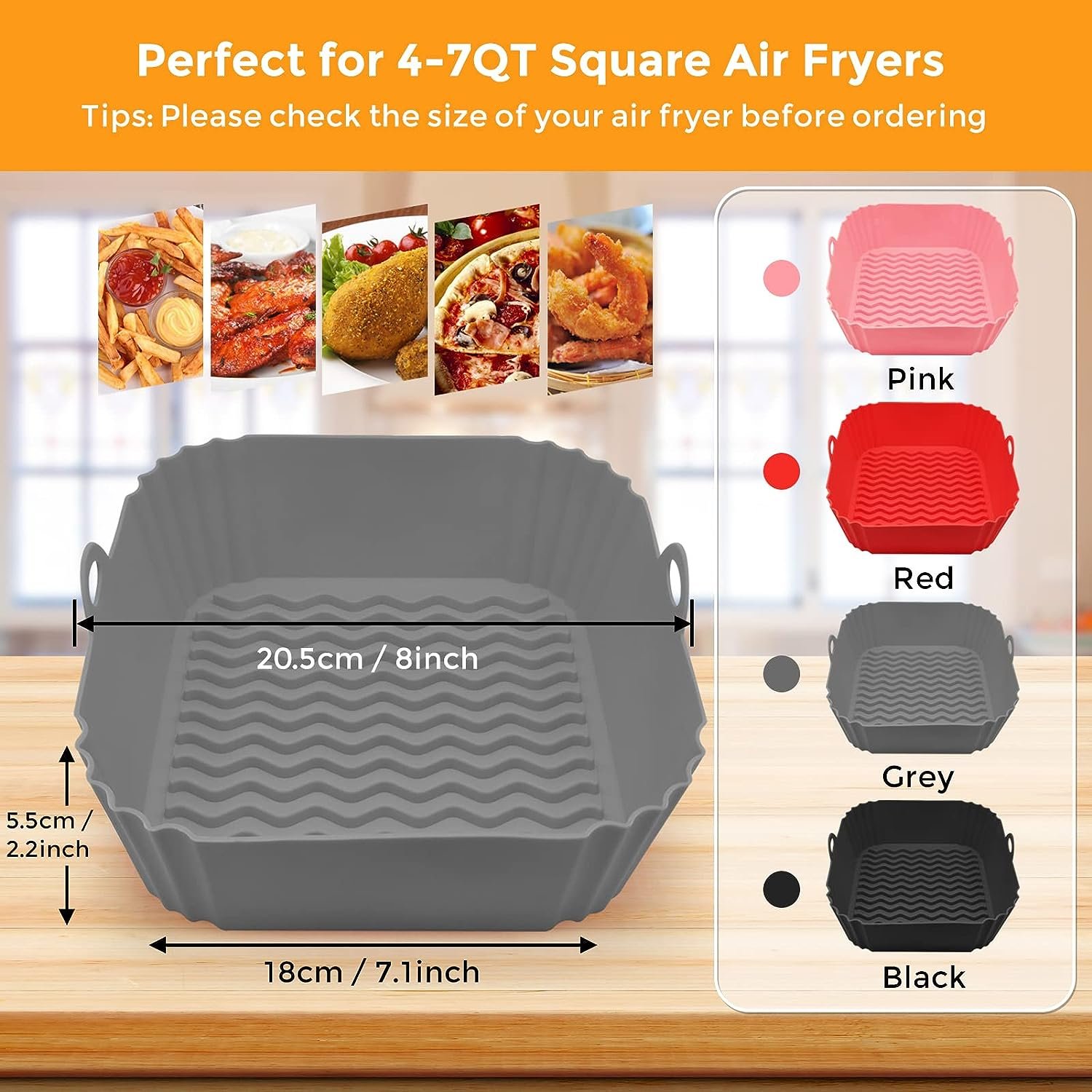 Silicone Air Fryer Liners, 8 Square 4 to 7 QT Reusable Heat Resistant Food Grade Airfryer Silicone Liners Inserts Baskets Bowl Accessories for COSORI Instant Vortex CHEFMAN Air Fryer Oven Microwave