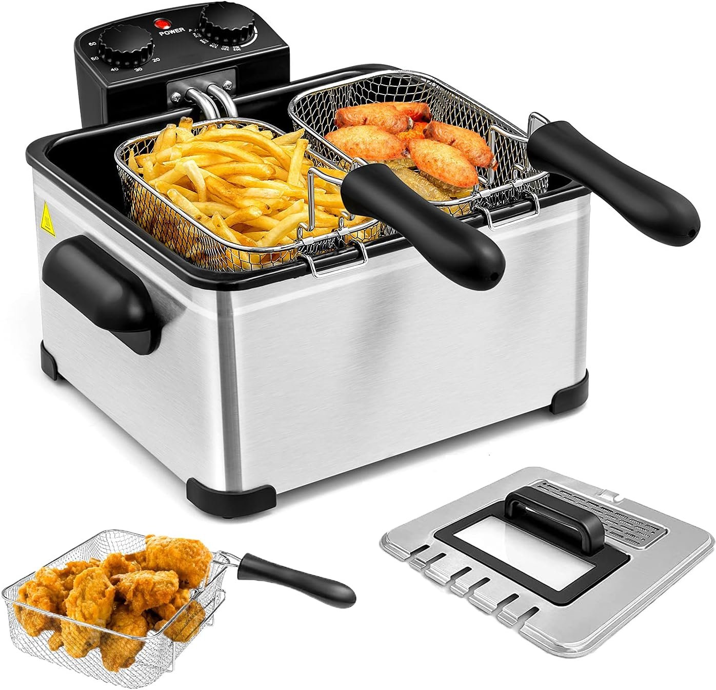 Simoe Deep Fryer with 3 Baskets, 1700W Electric Deep Fryers, 5.3QT/5L Countertop Home Fryer with Adjustable Temperature, Timer, Lid w/View Window, Drip Hook for Home Kitchen, Stainless Steel (5.3QT/21 Cup)