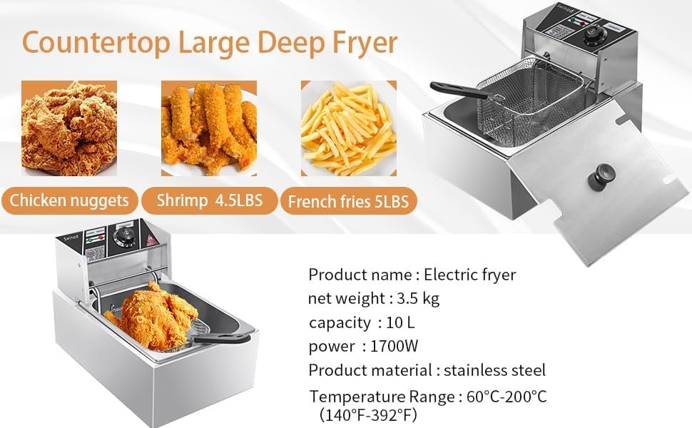 Swinod Deep Fryer with Basket and Lid Capacity 6L Stainless Steel Single Tank Countertop Fryer for Home and Commercial
