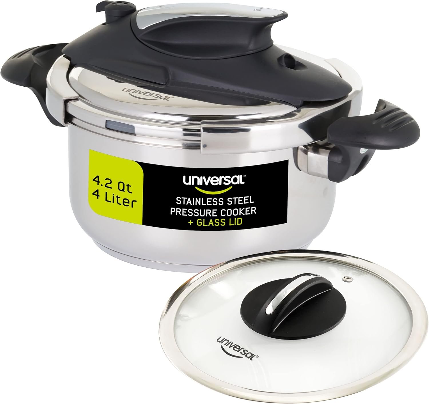 Universal (6.3 Quart / 6 Liter) Stainless Steel Easy Use Pressure Cooker + Extra Glass Lid, Induction Compatible, Pressure Cooker  Multipurpose Pot, 7 servings