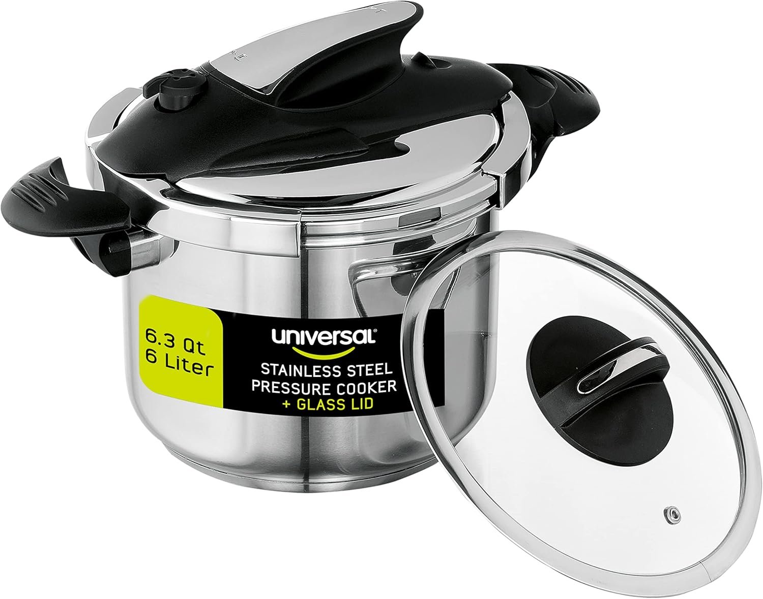 Universal (6.3 Quart / 6 Liter) Stainless Steel Easy Use Pressure Cooker + Extra Glass Lid, Induction Compatible, Pressure Cooker  Multipurpose Pot, 7 servings