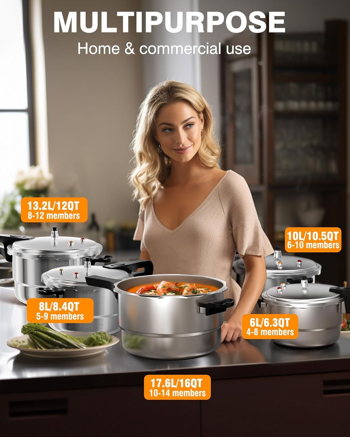 WantJoin 6Qt Aluminum Pressure Cooker w/Release Valve  Multiple Protective Devices,Pressure Canner Compatible with Gas  Induction Cooker,Canner Rack Included