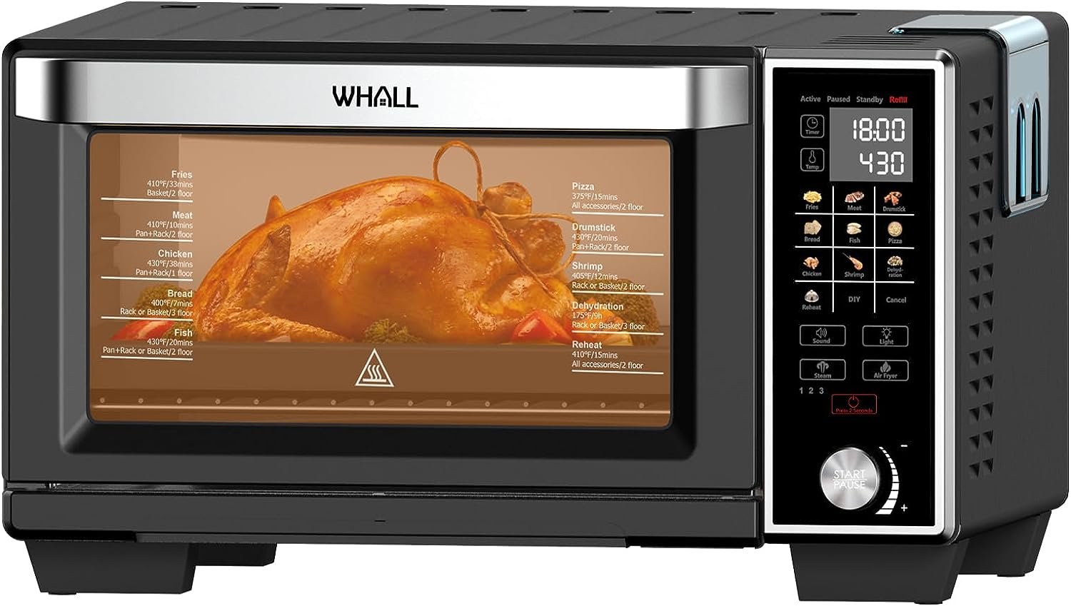 WHALL Toaster Oven Air Fryer, Max XL Large 30-Quart Smart Oven,11-in-1 Toaster Oven Countertop with Steam Function,12-inch Pizza,6 slices of Toast, 4 Accessories Included, Stainless Steel /1700W/BLACK